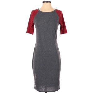 LulaRoe Julia Dress XS Gray Red Sleeves NWT